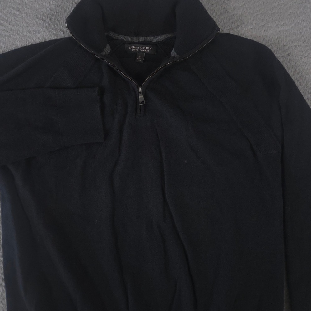 Banana Republic Sweater Mens M Black Cotton Cashmere Quarter Zip Mock Neck Soft